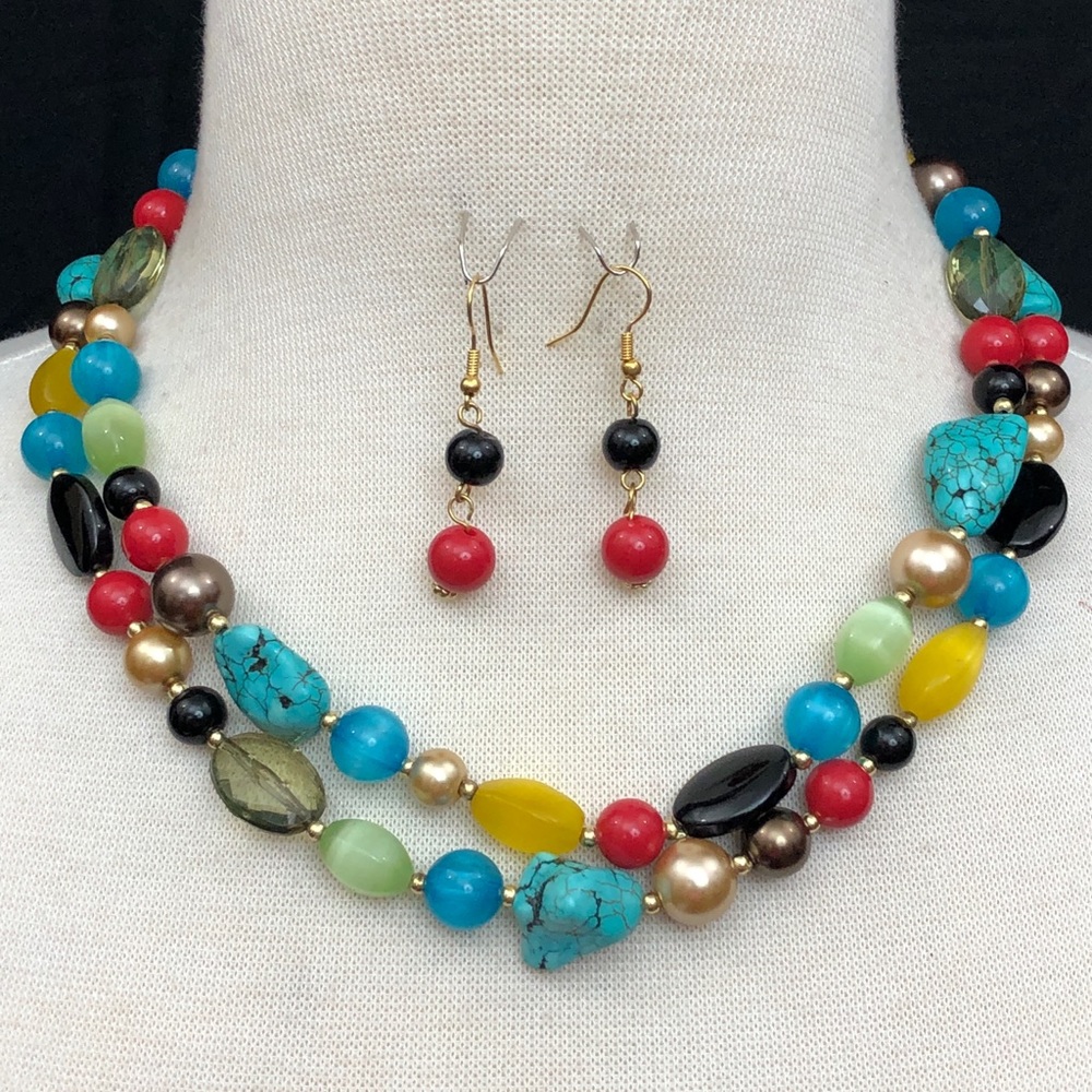 2 Row Layered Turquoise Stone Multicolor Beaded Western Necklace Earrings Set